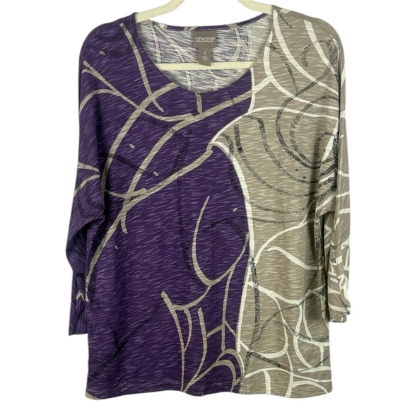Chico's Tops - Chico's Cotton Modal Blend Purple Tan Round Neck Abstract 3/4 Sleeve Medium Top